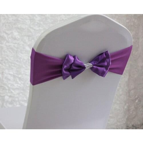 100pcs Purple Polyester Chair Sash Bow Elastic Chair Ribbon Back Tie Bands For Wedding Party Ceremony Banquet Decor