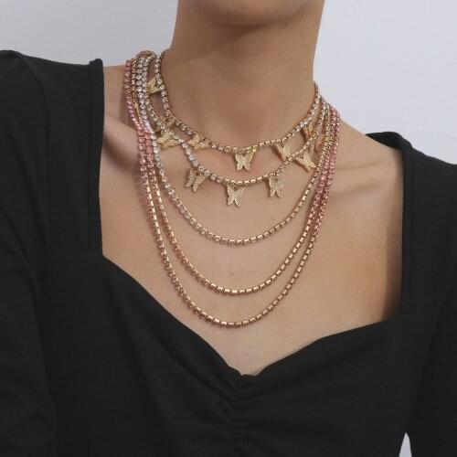 AITIEI Butterfly Chain Multi-layer Tennis Chain Choker Necklace Iced Out Cubic zircon Bling Hip Hop Charm Jewelry For Women