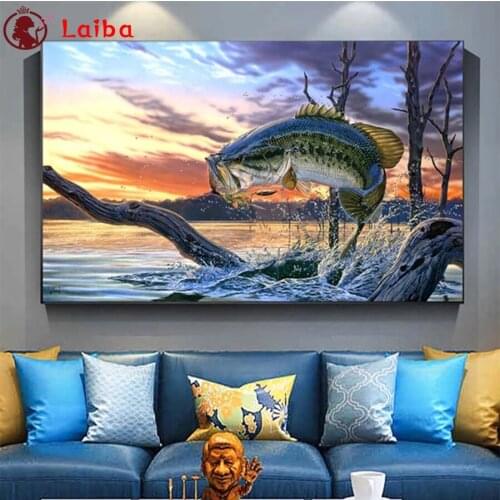 DIY Diamond Painting Jumping largemouth bass, fish, lake landscape Full Square Diamond Cross Stitch sets Mosaic Handmade Gift