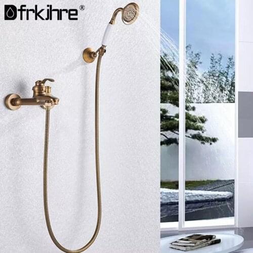 Antique Brass Wall Mounted Hand Shower Bathtub Faucet Set Bathroom Bath Shower Hot And Cold Mixer Tap Handshower Bracket Set