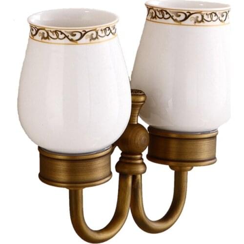 Double Cups for Tooth Brush and Toothpaste, Hotel Bathroom Collection, Solid Brass / Ceramic Material, Antique Bronze finishes