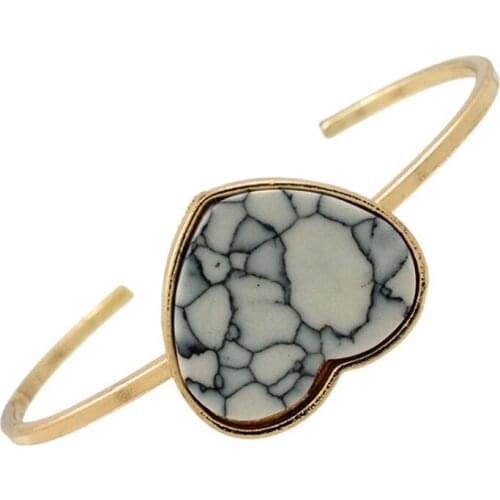 FYSL Light Yellow Gold Color Love Heart White and Red Turquoises Stone Open Bangle Romantic Style Jewelry