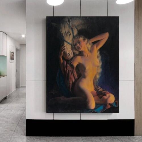 Classical Nude Woman and Horse Oil Painting on Canvas Poster and Print Scandinavian Wall Art Picture for Living Room Home Decor