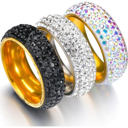 8mm Wide Fashion Wedding Band Ring for Women 5 Row Crystal Colorful Stainless Steel Charm Engagement Rings Mens Jewelry