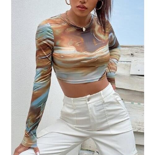 Y2K Crop Tops Female Summer T-shirts Streetwear 2021 Women Tie Dyeing Print Round Neck Long Sleeve T-shirts Pullovers