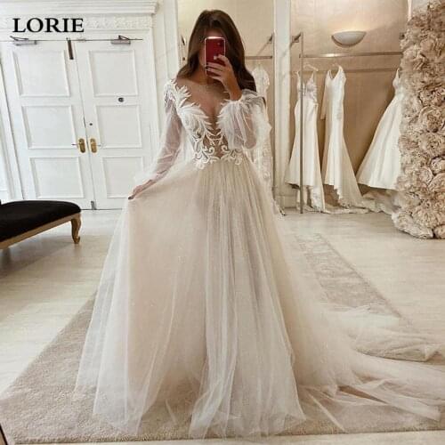 LORIE Lace Wedding Dresses 2020 Long Puff Sleeve Appliques A Line Bride Dress Princess Wedding Gown Free Shipping robe de mariee