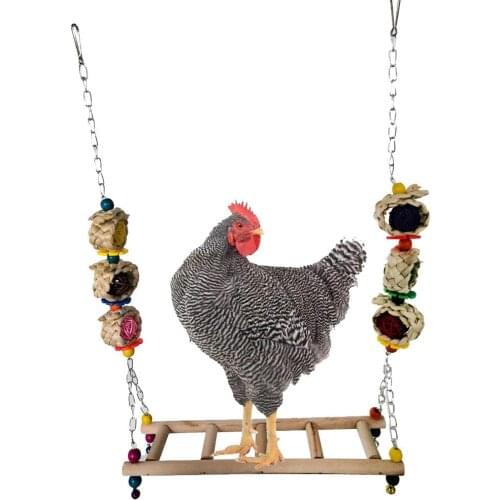Chicken Swing Toy Wooden Colorful Bird Chicken Stand Perch Chewing Toy with Bells for Bird Parrot Pet Trainning Bird Cage Toys