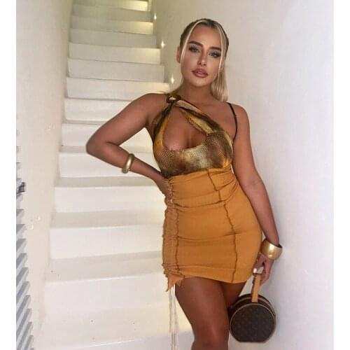 Echoine Summer Sleeveless Irregular Print Fishnet Patchwork Pleated Stacked Mini Dress Yellow Drawsting Party Club Outfits New