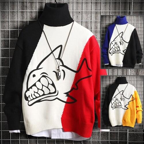 Mens Knitted Sweater shark print Winter Anime Harajuku Jumper Korean Oversized Hip Hop Pullover Black Sweaters Men high quality