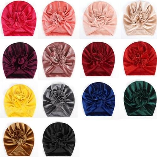 Velvet Baby Hats Children Pleated Flower Indian Cap Unisex Autumn Winter Beanies Suede Hair Accessories Newborn Photo Props