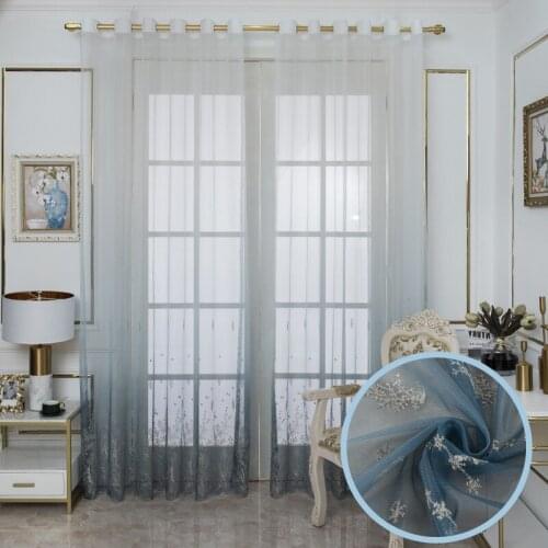 Gray Blue Embroidered Tulle Curtains for Living Room Bedroom Grommet Sheer Window Curtains Princess Room Drapes Custom