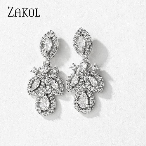 ZAKOL 2021 TRENDY Leaf Water Drop Cubic Zirconia Stud Earrings for Women Luxury Female Copper Alloy Wedding Jewelry EP2955