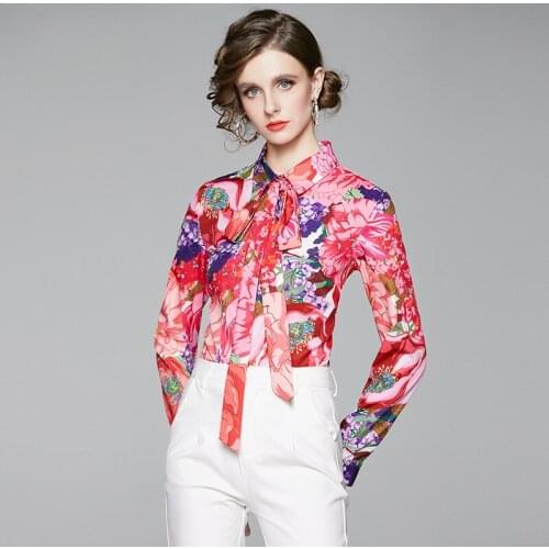 Spring Europe Fashion Print Vintage Floral Blouses Runway Women Long Sleeve Single-Breasted Elegant Lace-Up Bow OL Shirt Tops