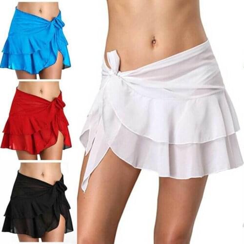 Women Sexy Casual Solid Color High Waist See Through Lace Up Ruffles Short Swing Bathing Beach Wrap Mini Skirts Swimwear