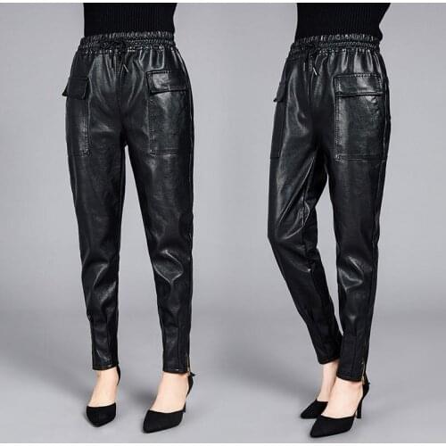 Vintage Stylish Pu Leather Pockets Pants Women 2021 Fashion Elastic Waist Drawstring Tie Ankle Trousers Plus Size 5XL Y60