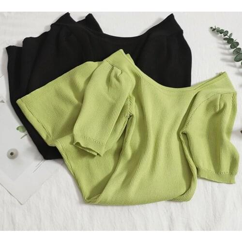 Solid Color Versatile Slim Stretch Knitted Dress 2021 Summer Square Collar Short Sleeve Sexy Bodycon Dresses Women Vestidos