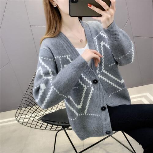 2021 autumn and winter new sweater loose V-neck striped ladies single-breasted cardigan Western style long-sleeved top