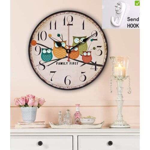 30cm Vintage Owl Style Shabby Vintage Chic Wooden Wall Clock Quartz