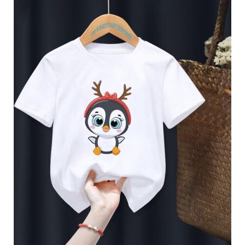 Merry Christmas penguin Cartoon Cute White Kid T-shirts Boy Animal Tops Tee Children Summer Girl Gift Present Clothes ,Drop Ship