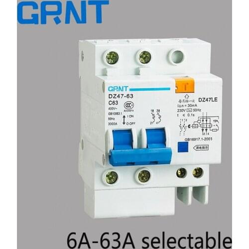 DZ47LE 2P 6A-63A C type 400V~ 50HZ/60HZ Residual current Circuit breaker with over current and Leakage protection RCBO