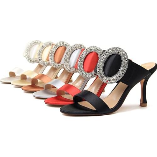 European and American wind fashion sexy banquet high heel metal big water drill silk satin buckle a word with female cool slippe