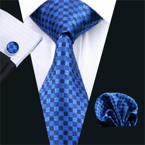 FA-561 Mens Tie Blue Plaid Silk Jacquard Classic Tie Hanky Cufflinks Set Ties For Men Business Wedding Party Free Shipping