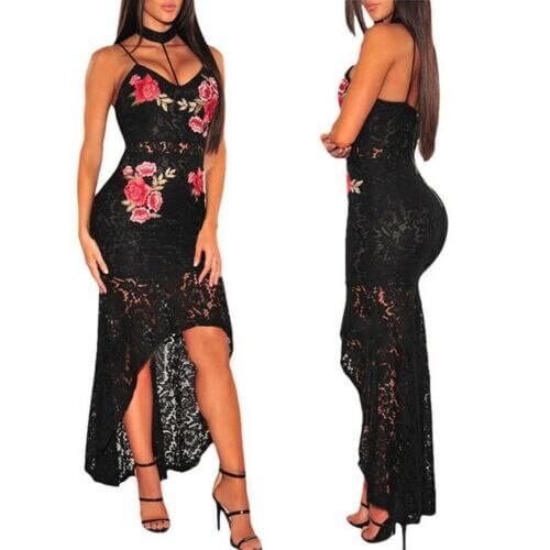 Summer Dresses Womens Sexy Lace Floral Patchwork Slim Long Dress Backless V Neck High Waist Midi Dress