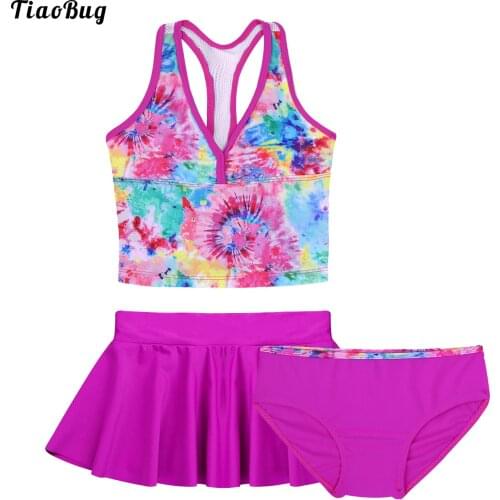 TiaoBug Summer Kids Girls 3Pcs Flower Printed Swimsuit Swimwear Bathing Suit Set Tops With Bottoms Skirt Bikini Beachwear