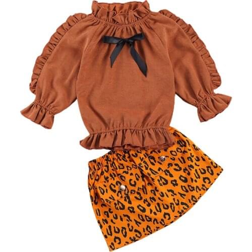 2Pcs Toddler Fashion Autumn Outfits Ruffle Turtleneck Lantern Long Sleeve Elastic Top+Leopard Skirt Clothes Set for Baby Girls