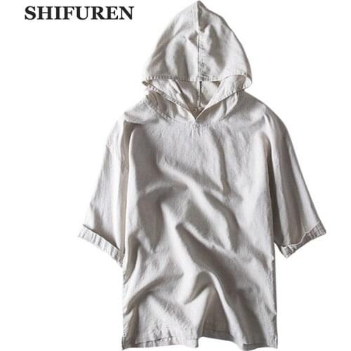 SHIFUREN New Summer Hooded Shirts Men Cotton Linen Casual Blouses Shirt Half Sleeve Soft Breathable Male Colthing Solid Color