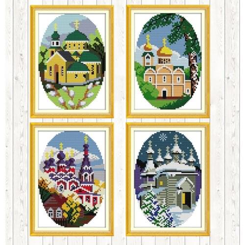 Four Season Cabin 14ct 11ct Count Print Canvas Embroidery Kits Cross Stitch Package Needlework Embroidery Patterns DIY Crafts