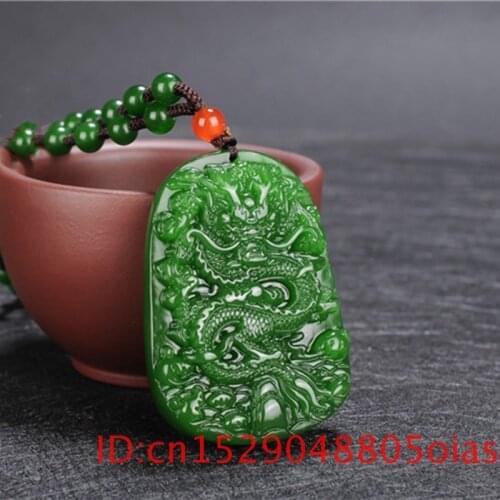Natural Green Jade Dragon Pendant Beads Necklace Hand-Carved Charm Jadeite Jewelry Fashion Amulet Gifts for Women Men