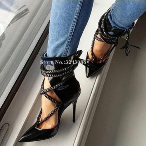 New Metal Chains Ropes Women Pumps Shoes Sexy Black Color Pointed Toe Cross Ropes Tassels Stiletto Heel Shoes Lady Real Photos