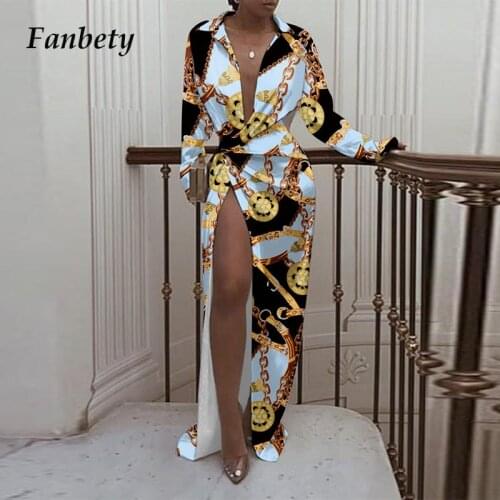 Sexy Deep V-Neck High Slit Shirt Dress Office Lady Elegant Fashion Patchwork Printed Party Dresses Women Autumn Chic Maxi Dress