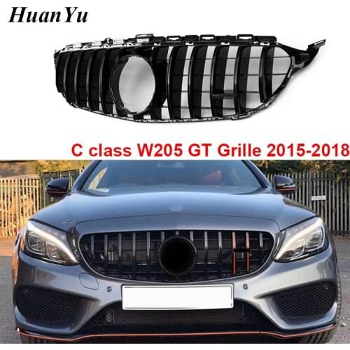 W205 Gloss Black GT R Grille for Mercedes-benc C Class 2015-2018 Sport Edition Front Bumper Grills No Camera C180 C200 2015-2018