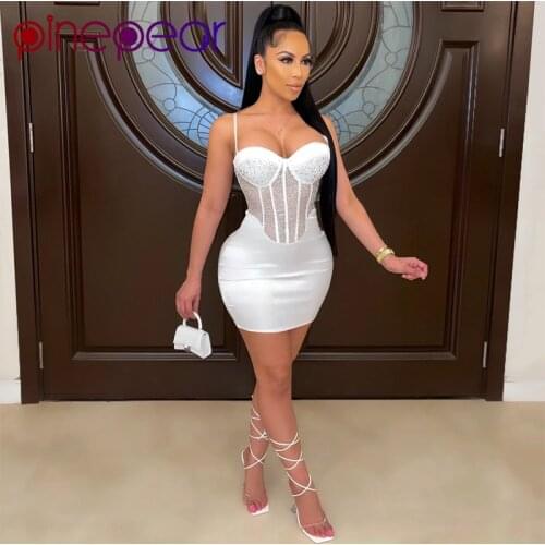 PinePear Diamonds Sexy Sheer Mesh Patchwork Spaghetti Strap Bodycon Mini Dress Women Night Club Party Vestidos Outfits Wholesale