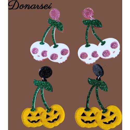Donarsei Halloween Cherry Pumpkin Drop Earrings For Women Hallowmas Costume Cosplay Skull Ghost Cherry Dangle Earrings Party