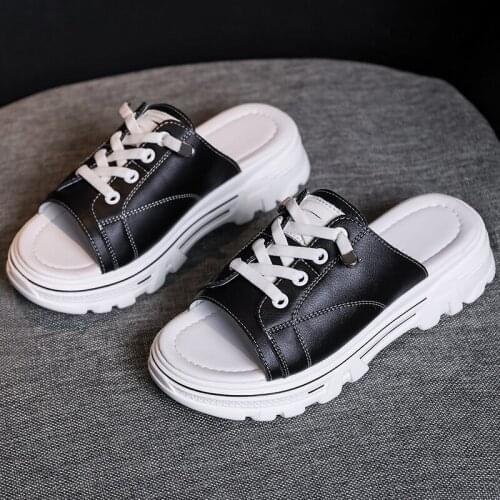 Summer Platform Slippers Women Lace Up Leather Slides Sandals Shoes Outdoor Beach Slippers Open Toe Flip Flops Women Shoes