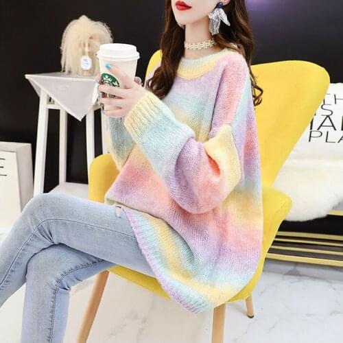 Rainbow sweater pullover womens autumn new loose lazy style Japanese knit sweater