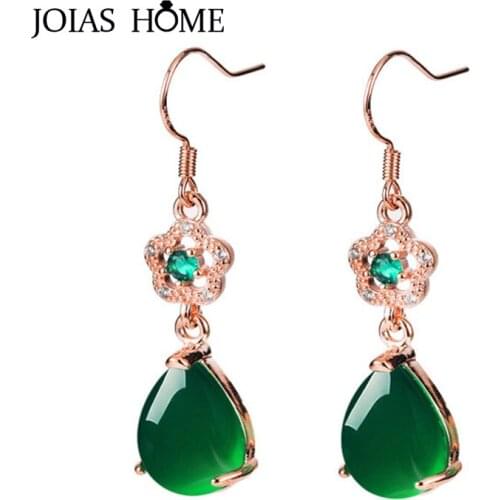 Joiashome Vintage Silver 925 Jewerly Earrings With Water Drop Shape Emerald Gemstones Rose Gold Color Wedding Party Gift