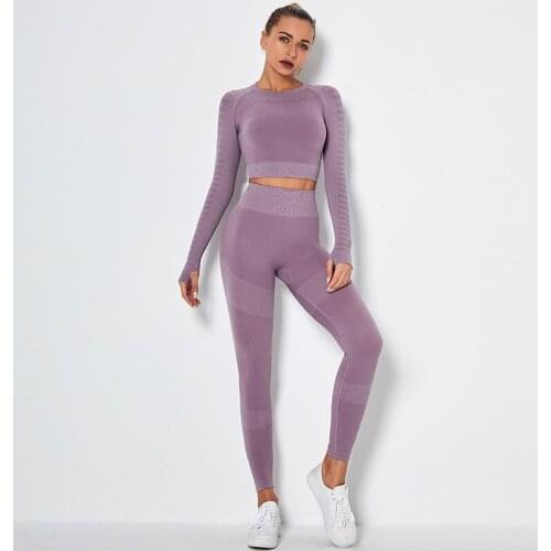 Women Fitness Sportswear Seamless Yoga Set 2 Piece Set Gym Clothing High Waist Running Leggings and Long Sleeve Top Sport Suit