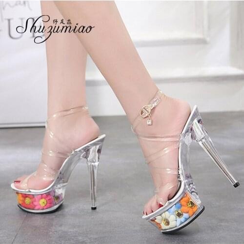 Shuzumiao summer sandals women 2020 Women PVC Transparent Crystal Flowers Platform High Heels 15CM clear heels Flower Sandals