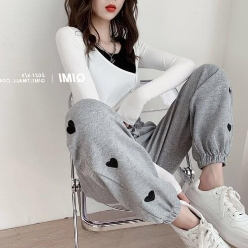 Nine-point womens trousers new high-waist drape casual footwear embroidery love wide-leg pants wild sports pants women