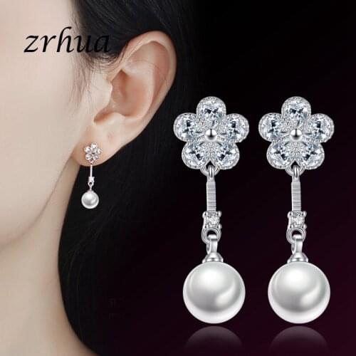 ZRHUA Authentic 925 Sterling Silver Earrings For Women Dazzling Micro CZ Zircon Flower Tassel Earrings White Pearl Dangle Brinco