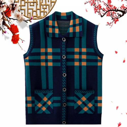 Middle-aged Mothers Sweater Plaid Vest Jacket Loose Pocket Knitting Sleeveless Outerwear Plus size Female Short Waistcoat tops