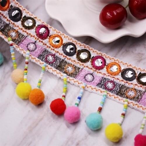 1Yard/Lot Ethnic Tassel Embroidery Lace Trim Boho Handmade Sewing silk tassel fringe trim Clothes Accessories Fabric Lace Ribbon
