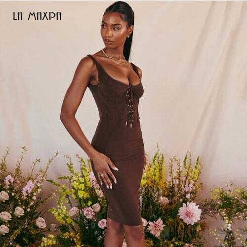2021 Chocolate Color Tight Dress 2021 Summer Sexy Italian Spaghetti Straps Front Lace-Up Halter Celebrity Party Dress Vestido