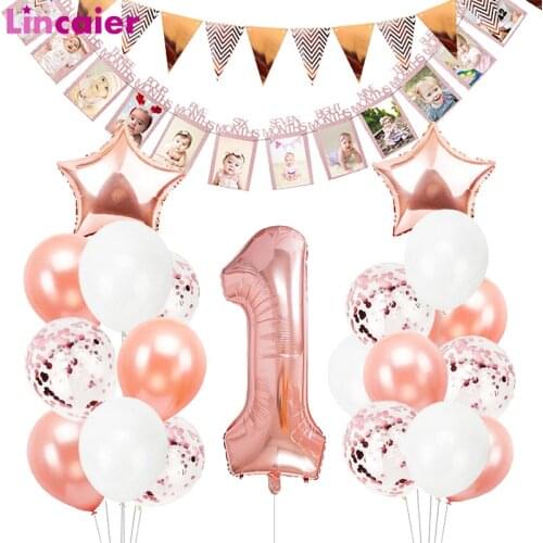 Rose Gold Balloons First Birthday Baby Boy Girl Party Decorations My 1 One Year 1st Happy Birthday Banner Supplies