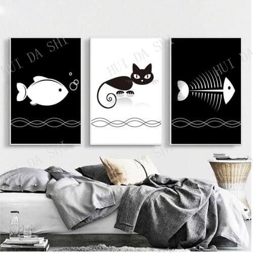 Black and White Cat Fish Abstract Line Drawing Poster, Canvas Print, Wall Décor, Home Décor