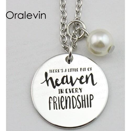 THERES A LITTLE BIT OF HEAVEN IN EVERY FRIENDSHIP Inspirational Hand Engraved Pendant Necklace Gift Jewelry,10Pcs/Lot, #LN1639